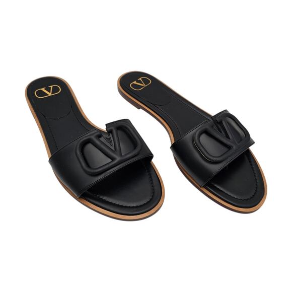 Valentino Garavani VLogo V Logo Flat Slide Sandal Black Leather Size 39 US 9 - Picture 5 of 12